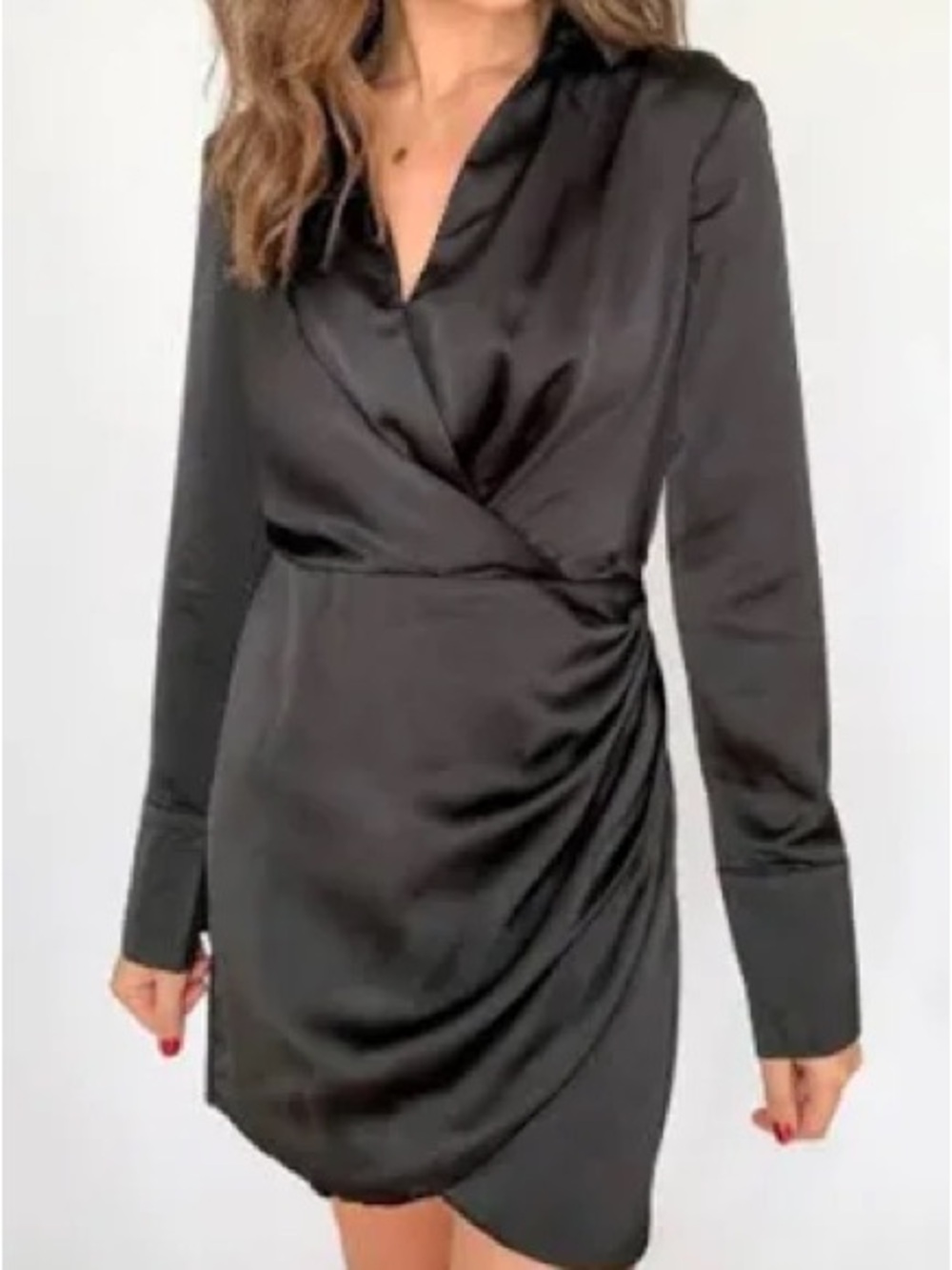 a new day Black Satin Wrap-Style Long Sleeve Mini Dress